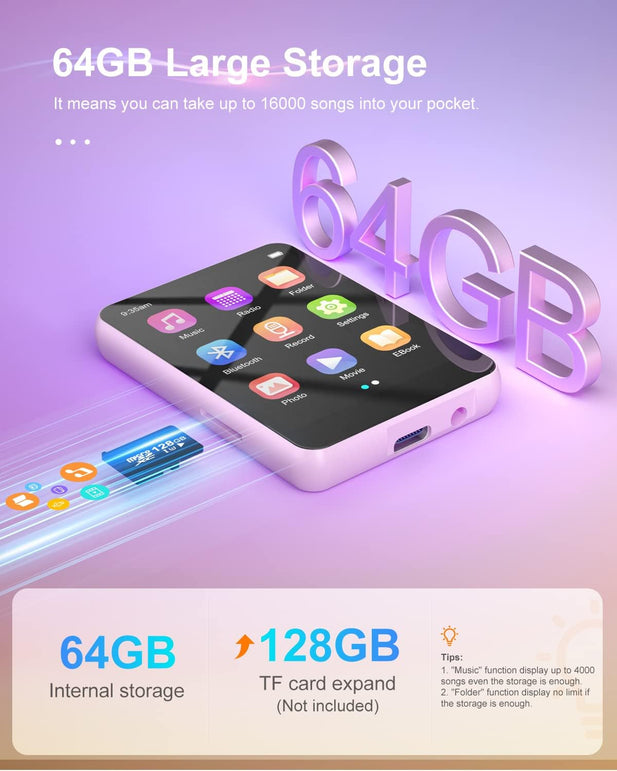 64GB MP3 Player with Bluetooth 5.3, Portable Digital Lossless Music Player with Built-In Speaker, 2.4 in Full Touch Screen, FM Radio, Line-In Voice Recorder, Earphones Included, Support up to 128GB