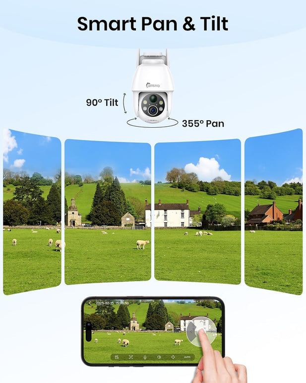 2K Solar Security Camera Outdoor Wireless, Battery Wifi Camera for Home Security, 360°PTZ, Color Night Vision, Two-Way Audio, PIR/AI Motion Detection, IP66, Alexa/Google Assistant, 2.4Ghz Only