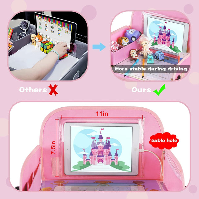 Kids Travel Tray for Toddler Car Seat, Lap Tray for Girl Activities with Dry Erase Board & Cooler Cup Holder, Road Trip Essentials Accessories with No-Drop Large Tablet Ipad Holder Stand,Pink