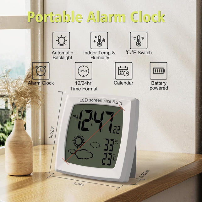 Travel Alarm Clock Battery Powered Small Digital Clock with Auto Backlight, Indoor Temperature Humidity, 12/24H, Date, Battery Alarm Clocks for Bedrooms Bedside Clock Digital Alarm Clocks