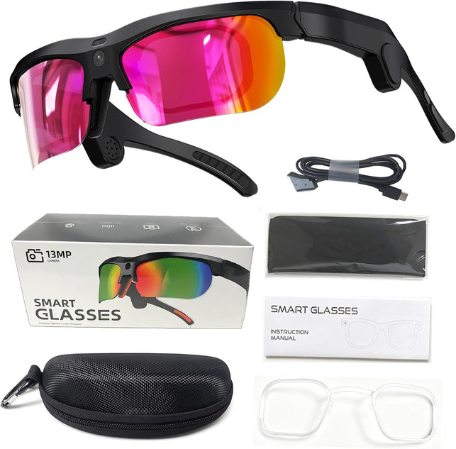 AI Sports Smart Glasses with 4K Camera, AI Translation,Hd1080P Videos(Imx386 13MPHD Imaging),Eis,Ai Voice Assistant,Bluetooth Audio,Sunglasses,Lightweight for Cycling,Outdoor Sports