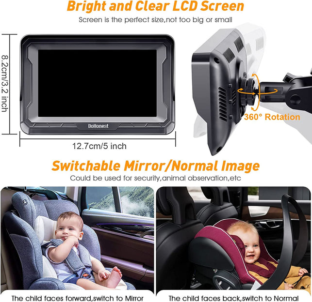 Dohonest Baby Car Camera HD 1080P: 360° Rotating Plug and Play Easy Install 3 Mins Rear Facing Car Baby Monitor with Camera Crystal Night Vision Backseat Camera Two Kids -V33