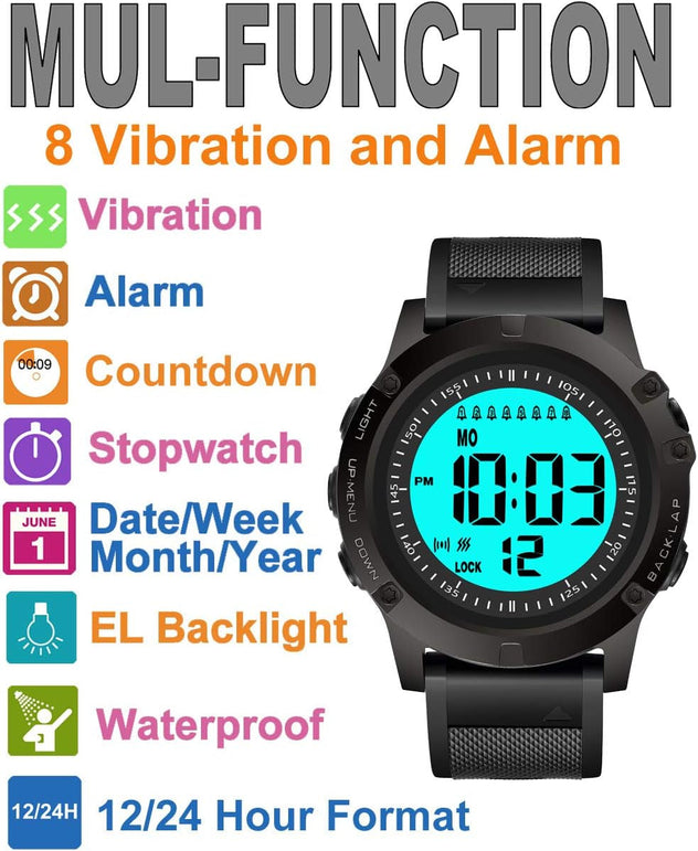TICCI Men 8 Vibrating Alarms Watch Medication Aids Pill Vibra Alert Reminders for Elderly Seniors Big Digits Waterproof