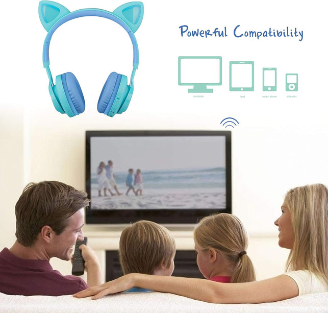 Riwbox Kids Headphones, CT-7S Cat Ear Bluetooth Headphones 85Db Volume Limiting,Led Light up Kids Wireless Headphones over Ear with Microphone for Laptop/Pc/Tv(Blue&Green)