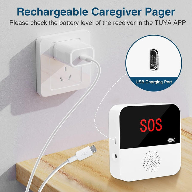 Wifi Rechargable Smart Wireless Caregiver Pager Call Button System Nurse Calling Alert System for Elderly Patient Seniors Disabled Kids 2 SOS Panic Buttons 1 Receiver (Only Supports 2.4Ghz Wi-Fi)