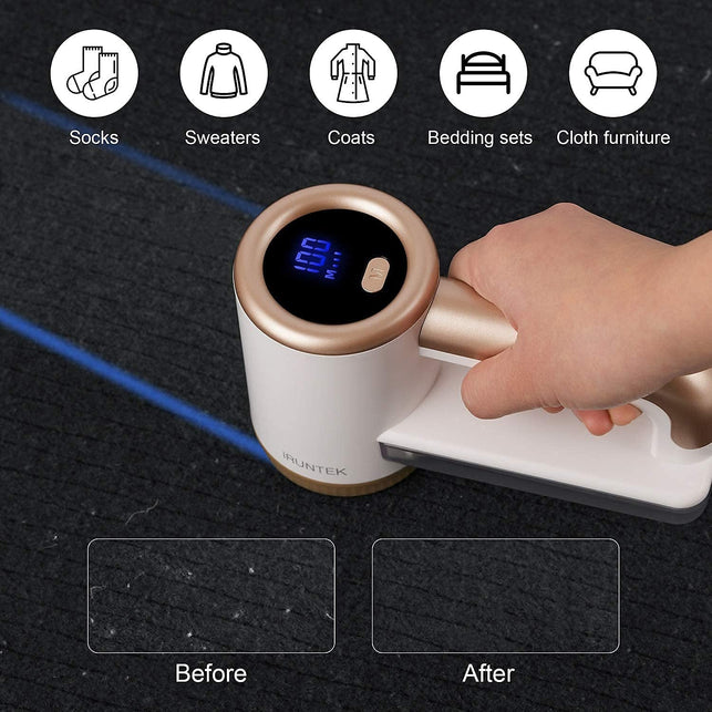 Iruntek Rechargeable Fabric Shaver, Electric Commercial Lint Remover with LED Display & Big Trash Box, 3-Speeds for Removing Fuzz and Pill from Clothes, Furniture, Sweater, Couch and Blanket, White