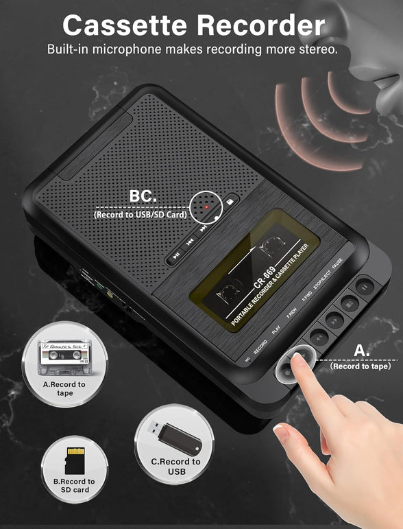 Gracioso Cassette Player Converter, Portable Cassette to MP3 Music via U Disk/Sd Card or PC, Record to Cassettes/Usb/Sd Card via Mic,Cassette Tape Player with Headphone Jack,Retractable Handle