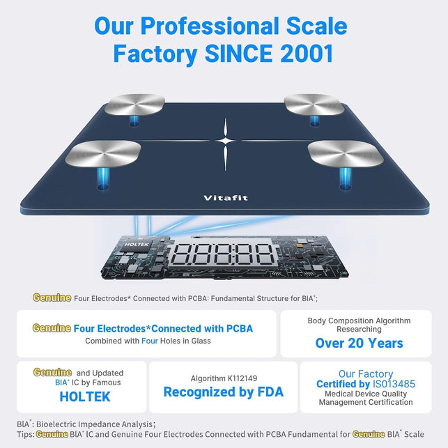 Vitafit Smart Weight Scale, High Precision Assured by Scale Body Weight Professional Factory since 2001, Free App Sync 13 Body Composition with BMI and Fat, Blue
