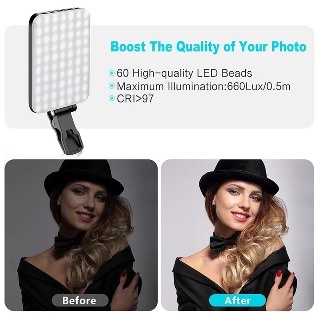 Minifocus Selfie Light, 60 LED 2200Mah Rechargeable Cell Phone Fill Light 7 Modes, 10-Level Brightness, Portable Clip on Light