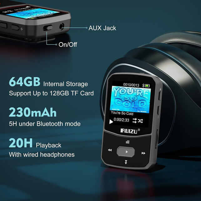 RUIZU 64GB Clip MP3 Player with Bluetooth 5.3, Voice Recorder & FM Radio