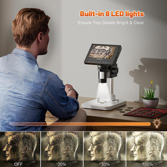 Elikliv Microscope, LCD Digital Coin Microscope 1000X, Coin Magnifier with 8 Adjustable LED Lights, PC View Compatible with Windows, EDM4, 4.3 Inch