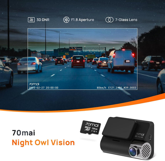 70Mai 4K Dash Cam A800S with Sony IMX415, Front and Rear,With Free 128GB SD Card, Built in GPS, Super Night Vision, 3'' IPS LCD, 24H Parking Mode, ADAS, Loop Recording, Ios/Android App Control