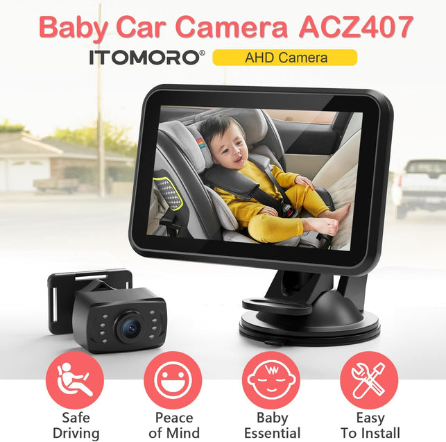 Itomoro Baby Car Camera, 4.3'' 1080P Night Vision Car Baby Monitor with Camera 5 Mins Easy Installation Crystal Clear Wide View for Rear Facing Seat ACZ407