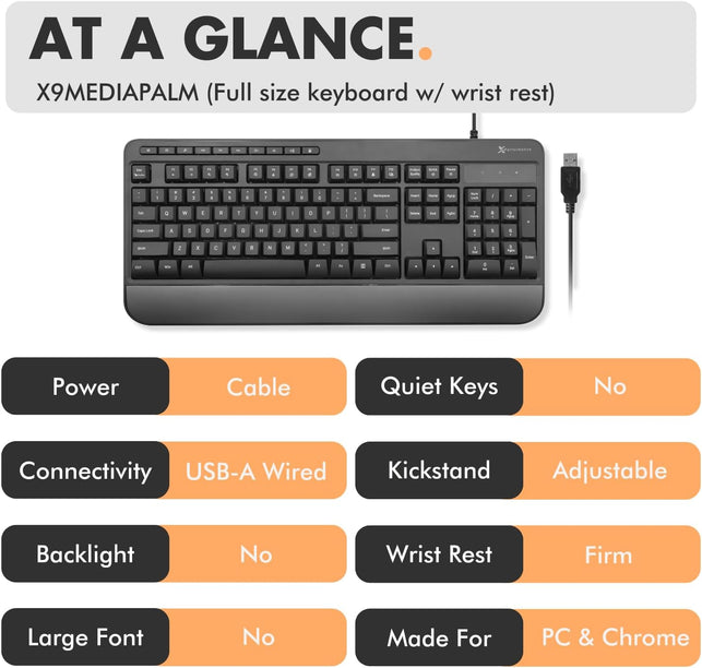 X9 Wired Keyboard - Comfortable Typing - Ergonomic Full Size USB Keyboard with Wrist Rest, Number Pad, Multimedia and 114 Keys - External Computer Keyboard for Laptop, Desktop and Office PC