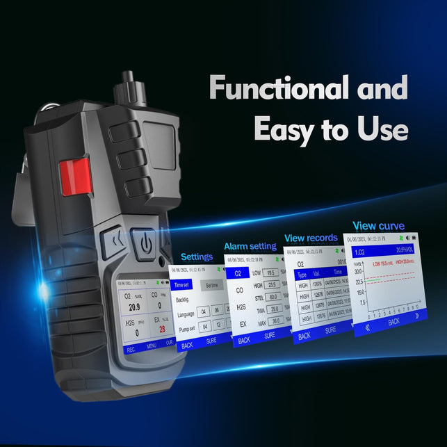 Gas Detector with Pump, 4 Gas Monitor Multi Gas Detector CO EX O2 H2S Monitor, 3000Mah Rechargeable 4 Gas Monitor with Calibration Kit, Portable LCD Display with Clip Sewer Gas Detector 4 Gas Meter