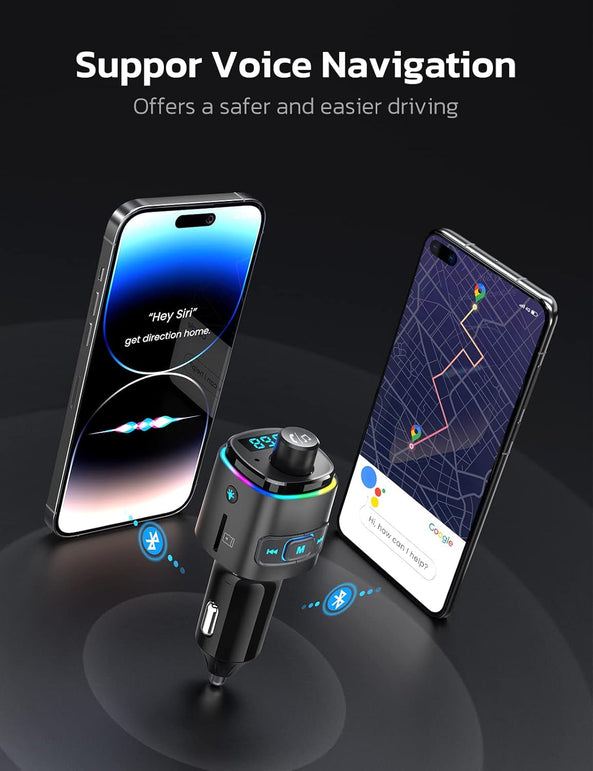 Nulaxy Bluetooth FM Transmitter for Car, QC3.0 Fast Charge Bluetooth Car Adapter, Wireless Radio Car Kit with 7 Color LED Backlit, Support Hands-Free Calls, USB Flash Drive, Microsd Card (B- Black)