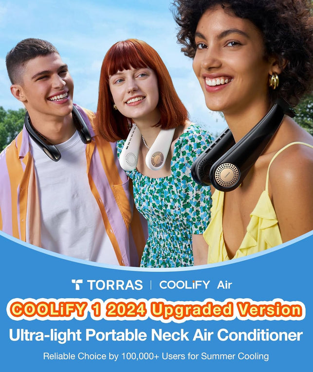 TORRAS [Coolify Air・2024 Upgrade Neck Air Conditioner, Ultra-Light Portable Neck Fan Rechargeable, Personal Cooling Device Neck Fans That Blow Cold Air with 3 Modes Fan/Cooler/Heat, Black