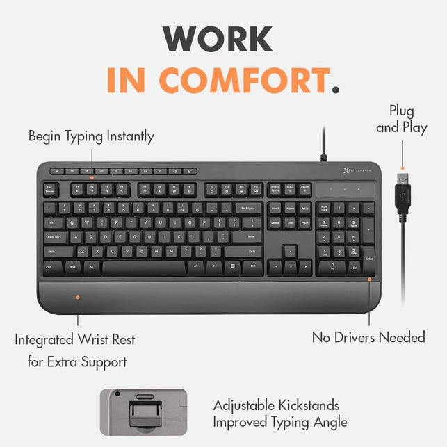 X9 Wired Keyboard - Comfortable Typing - Ergonomic Full Size USB Keyboard with Wrist Rest, Number Pad, Multimedia and 114 Keys - External Computer Keyboard for Laptop, Desktop and Office PC
