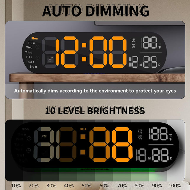 Digital Wall Clock, 14'' LED Digital Wall Clock with 9 Color Ambient Light