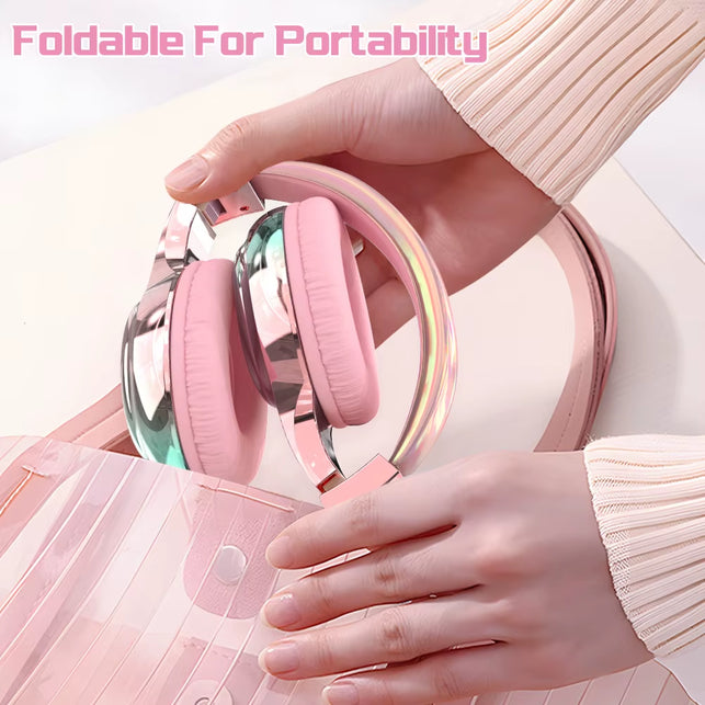 QearFun Glossy Gradient Pink Bluetooth5.3 Headphone for Girl Wireless Headphone with Mic over Ear Headset for Girlfriend Christmas Gift