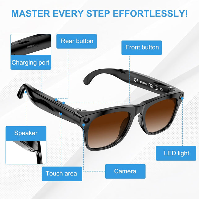 AI Smart Glasses with 4K Video Recording & 8MP Camera Bluetooth 5.4 Open Ear Audio, Built-In AI Assistant & Real-Time Translation, Lightweight Smart Eyewear for Men Women