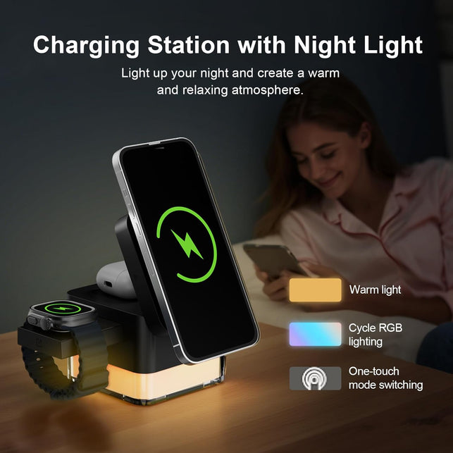 Roccar 4 in 1 Magnetic Wireless Charging Station,Wireless Charger Stand with Night-Lamp,3-In-1 Charger Dock for Iphone 16/15/14/13 Pro Max,Apple Watch, Airpods & Multiple Devices