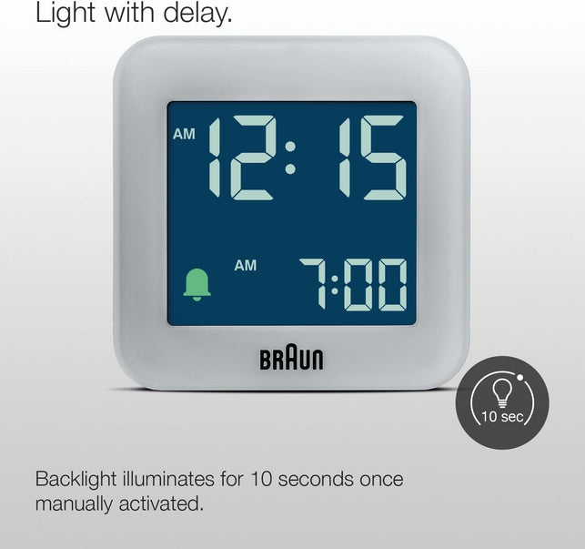 Braun Digital Travel Alarm Clock with Snooze, Compact Size, Negative LCD Display, Quick Set,Crescendo Beep Alarm in Grey, Model BC08G.