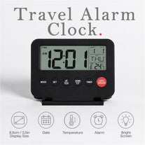 Small Digital Travel Alarm Clock Battery Operated by MMOBIEL – Portable Alarm Clock for Travel – Digital Clock, Alarm, Timer, Snooze, Date, Temperature and Backlight (Batteries Not Included) - Black