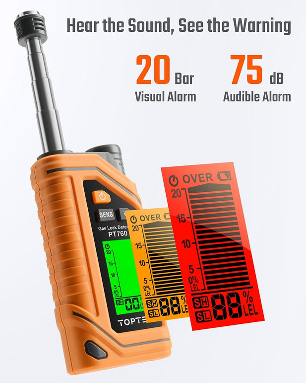 Toptes PT760 Rechargeable Natural Gas Detector, Gas Leak Detector with 12-Inch Extendable Probe,%Lel Propane Leak Detection with Built-In Flashlight for Methane, Butane and More for Home, RV