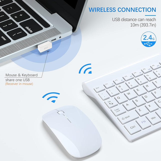 Topmate Wireless Keyboard and Mouse Ultra Slim Combo, 2.4G Silent Compact USB Mouse and Scissor Switch Keyboard Set with Cover, 2 AA and 2 AAA Batteries, for Pc/Laptop/Windows/Mac - White