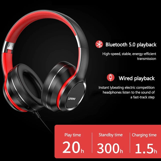 Lenovo HD200 Bluetooth Earphones Over-Ear Foldable Computer Wireless Headphones Noise Cancellation HIFI Stereo Gaming Headset