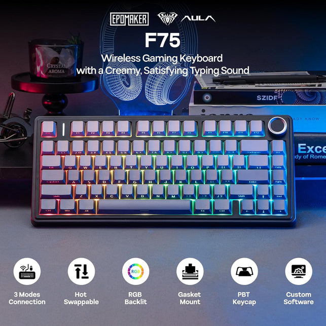 EPOMAKER X Aula F75 Gasket Mechanical Keyboard, 75% Wireless Hot Swappable Gaming Keyboard with Five-Layer Padding&Knob, Bt/2.4Ghz/Usb-C, RGB (Black Gradient, LEOBOG Reaper Switch)