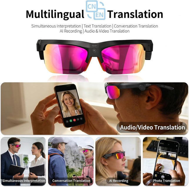 AI Sports Smart Glasses with 4K Camera, AI Translation,Hd1080P Videos(Imx386 13MPHD Imaging),Eis,Ai Voice Assistant,Bluetooth Audio,Sunglasses,Lightweight for Cycling,Outdoor Sports