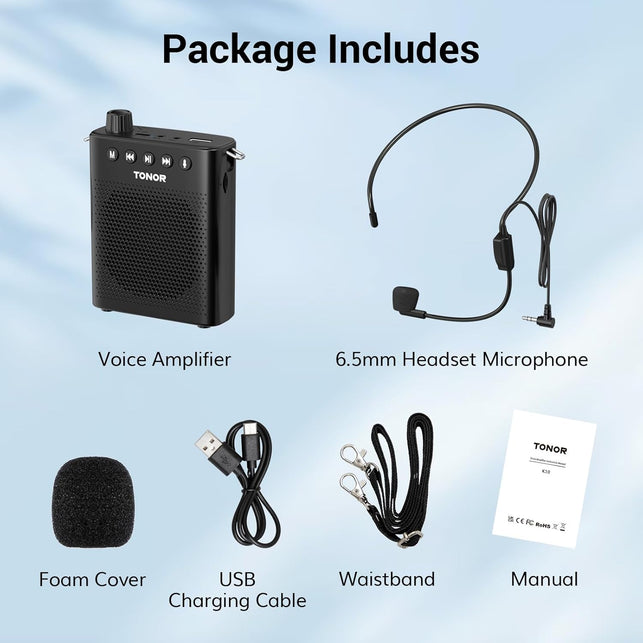 TONOR Voice Amplifier for Teachers, 15W Bluetooth Voice Amplifier with Wireless Headset Mic, Portable Megaphone Speaker Rechargeable PA System 82Ft for Teaching, Speaking, Fitness Instructors K11