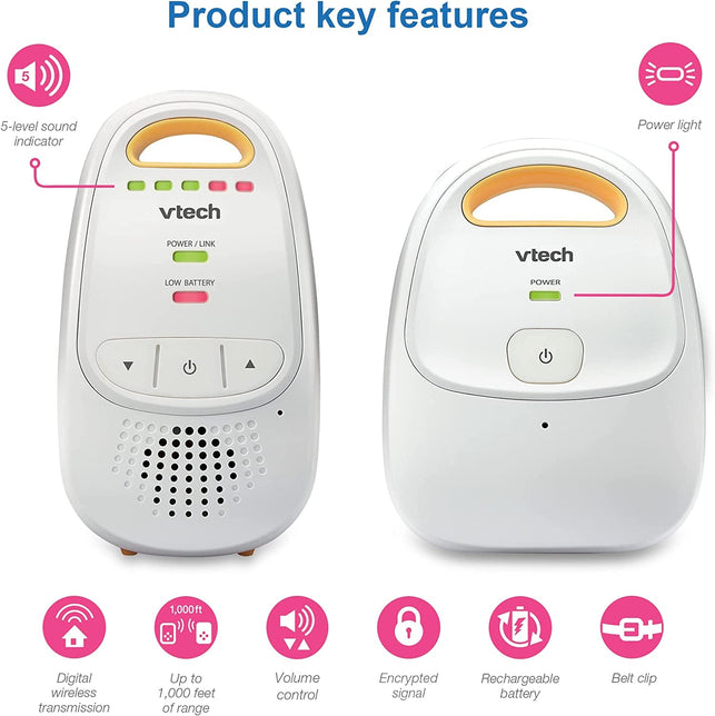 Vtech DM1411 Audio Baby Monitor & Portable Soother Dual-Unit Rechargeable Battery, Long Range, Soft-Glow Night Light, Soothing Sounds & Lullabies, Digital Wireless Transmission, Sound Indicator