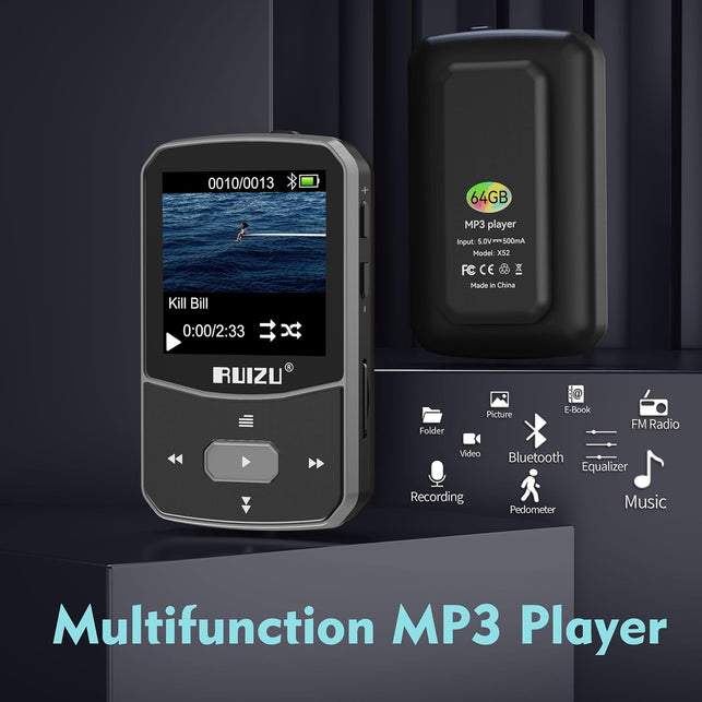 RUIZU 64GB Clip MP3 Player with Bluetooth 5.3, Voice Recorder & FM Radio