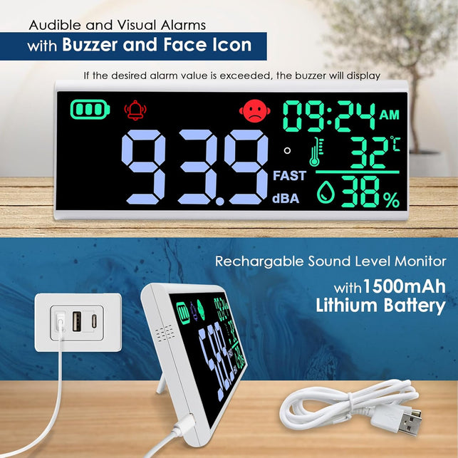 13 Inch Decibel Meter - Wall Hanging Sound Level Meter with Large LED Display, Noise, Temperature, Humidity, Time Monitor for Classroom