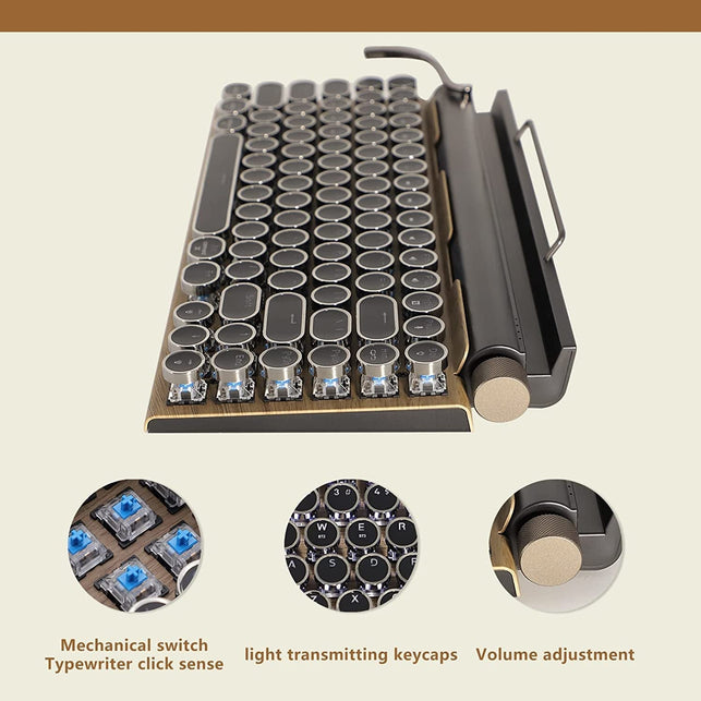 Adventurers Typewriter-Style Retro Mechanical Keyboard LED Backlight 83 Keys Bluetooth 5.0 Blue Axis Wood Color Panel Compatible with Ios/Android/Windows/Vista/Linux/Mac Office/Gaming, 12.8X6.6X1.6In