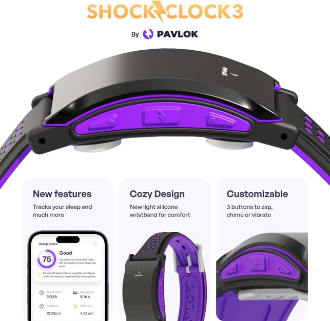 Pavlok Shock Clock 3 | Silent Alarm Clock | Designed for Heavy Sleepers | Perfect for Couples | Wake up on Time | Vibrating Alarm | Smart Sleep Tracker