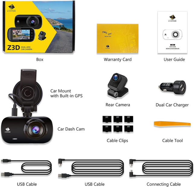 Dash Cam, Z-Edge Z3D 2560X1440P QHD, Front and Rear Dash Cam with Wifi, GPS, Dual Cam, Car DVR, Night Vision, Parking Mode, G-Sensor, Loop Recording