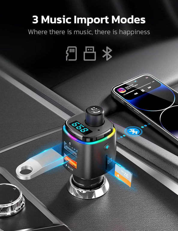 Nulaxy Bluetooth FM Transmitter for Car, QC3.0 Fast Charge Bluetooth Car Adapter, Wireless Radio Car Kit with 7 Color LED Backlit, Support Hands-Free Calls, USB Flash Drive, Microsd Card (B- Black)