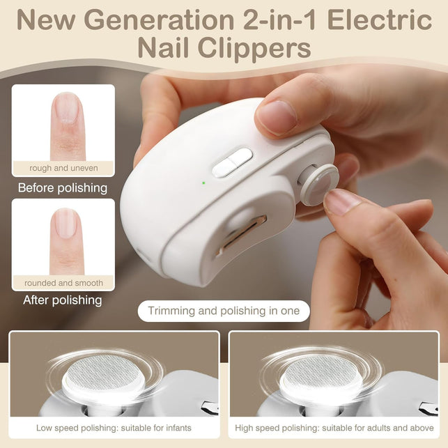 Automatic Nail Clipper Electric Nail Trimmer Polisher 2 in 1 Portable Fingernail Cutter with Light 2 Speeds File Nail Clip Storage Rechargeable Safety Trimmer for Baby Kids Adults Seniors (White)