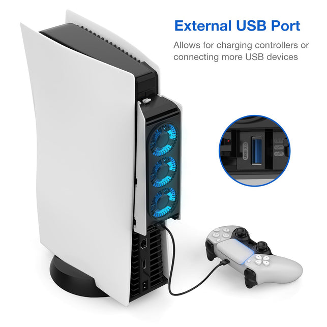 MEQI PS5 Cooling Fan, MEQI PS5 Accessories Upgraded Quiet Cooler Fan with LED Light & USB 3.0 Hubs, Efficient Cooling Station for Playstation 5 Disc/Digital Edition