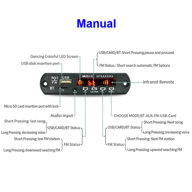 Bluetooth 5.0 MP3/WMA/WAV/APE/FLAC Decoder Board Car Audio USB TF FM Radio Module MP3 Bluetooth Music Player