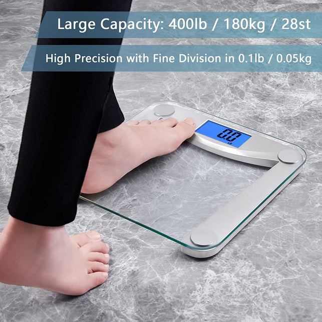 Vitafit Digital Bathroom Scale for Body Weight,Weighing Professional since 2001,Extra Large Blue Backlit LCD and Step-On, Batteries Included, 400Lb/180Kg,Clear Glass,Silver