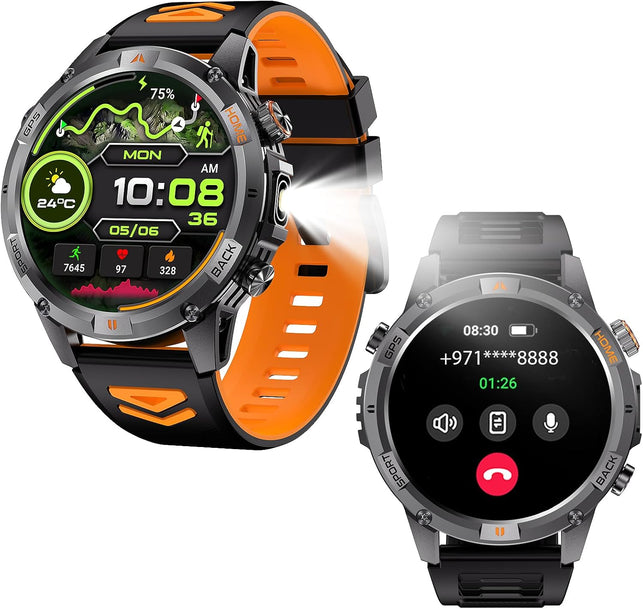 Bostbo Military Smart Watch,1.46" IPS Screen,Bluetooth Call, Smart Watches for Men,100+ Sport Modes for Men,Ip68 Waterproof，Compass with Flashlight Compatible with Ios & Android, Built-In GPS