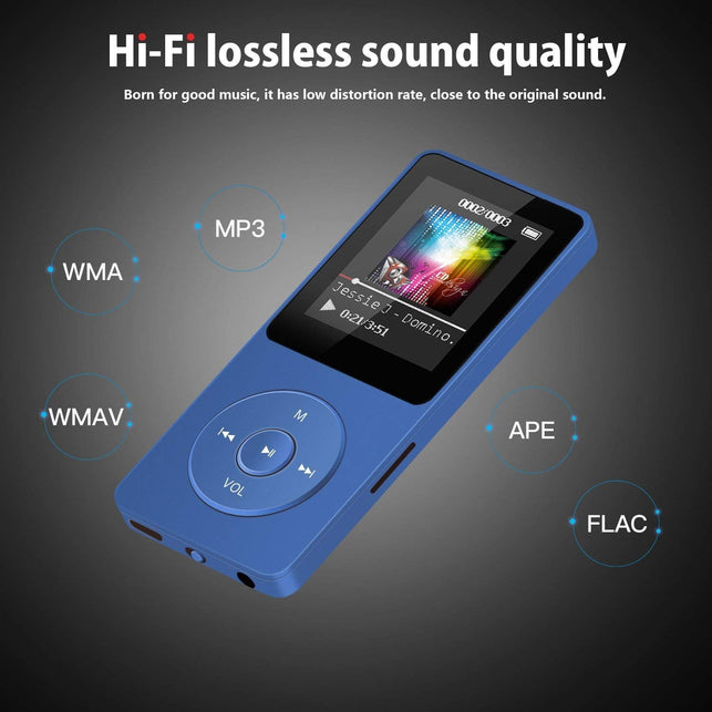 AGPTEK A02 8GB MP3 Player, 70 Hours Playback Lossless Sound Music Player (Supports up to 128GB), Dark Blue