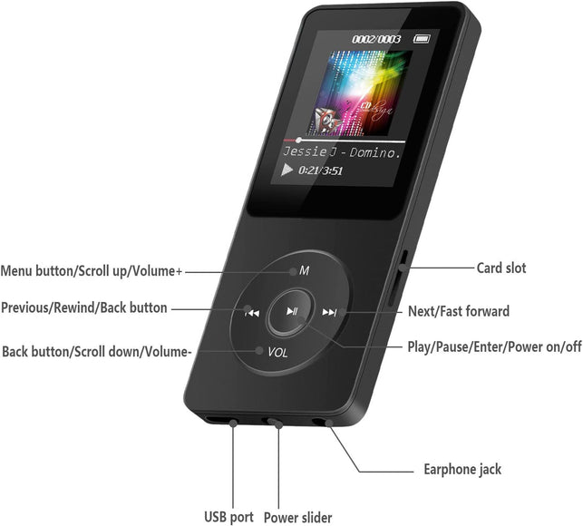 AGPTEK A02S 16GB MP3 Player with FM Radio, Voice Recorder, 70 Hours Playback and Expandable up to 128GB, Black