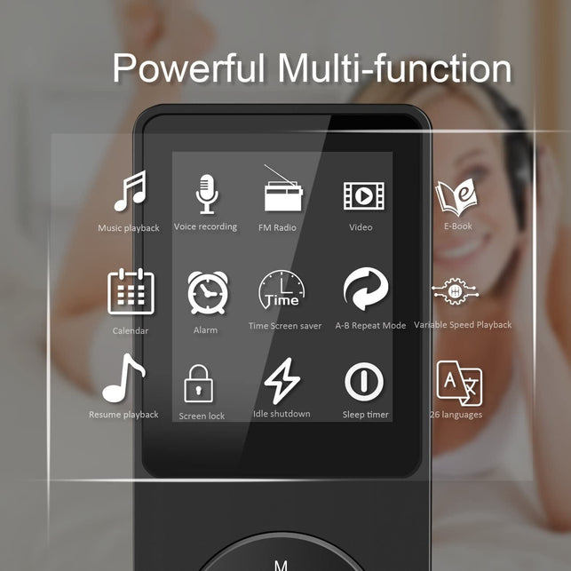 AGPTEK A02S 16GB MP3 Player with FM Radio, Voice Recorder, 70 Hours Playback and Expandable up to 128GB, Black