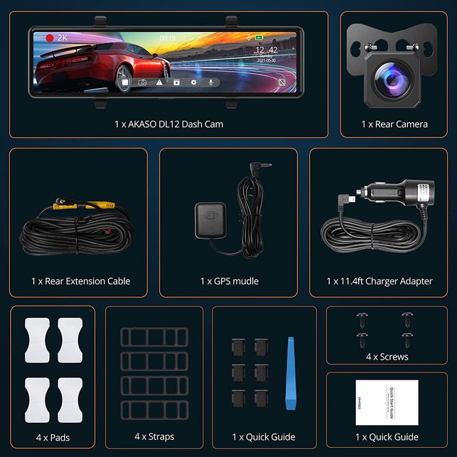 AKASO DL12 2.5K Mirror Dash Cam Voice Control 12" Touch Screen Front and Rear Dual Dash Camera for Cars Night Vision Backup Camera with Sony Starvis Sensor GPS G-Sensor Parking Assistance